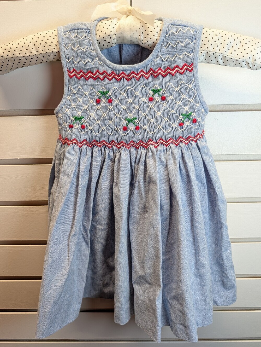 Carriage Boutique Vintage SMOCKED CHERRY DRESS 12M Girl Party Chambray EUC